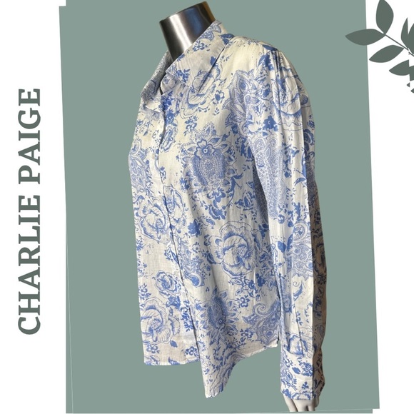 Charlie B Floral Print Long Sleeve Button Front Collared Blouse White Blue Boho - Picture 3 of 5